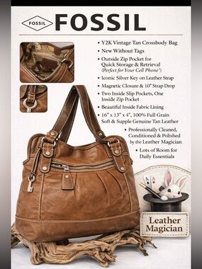 Fossil Large Y2K Tan Leather Crossbody NWOT Full Grain Key Charm Classic Style